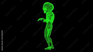 3D alien rotates on black bg. Scary alien stands and looks. UFO futuristic concept. Mysterious Alien Humanoid, extraterrestrial life concept. For title, text, presentation. 3d animation 60 FPS
