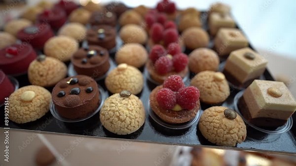 candy at an event location. Delicious wedding reception. Candy bar for the banquet. Celebration concept. Fashionable desserts. Table with sweets, candies. 4k video.