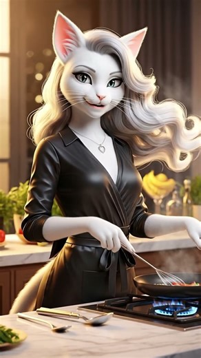 Emotional 3D Cat Family Animation | Glamorous White Cat Cooking with Her Cute Baby Cats |