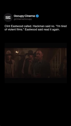 Eastwood waited ten years to make Unforgiven. Then had to convince the one actor who didn't want to be in it. Eastwood sat on the script for a decade, waiting until he was old enough to play Bill Munny. But he needed Hackman for Little Bill. Hackman refused — tired of violent roles. Eastwood sent the script again. Hackman read it a second time and saw what Eastwood saw: this wasn't a violent film. It was a film about what violence does to people. Best Picture. Best Director. Best Supporting Acto