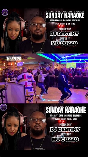 Ex-Factor Entertainment Presents: Sunday Karaoke at Crafty Crab Richmond Southside! Produced by DJ Destiny, Hosted by Comedian Mu Cuzzo 📍 Crafty Crab 521 E Southside Plaza, Richmond, VA 23224 Call to reserve your table or the party room: (804) 269-3930. LARGE GROUPS ARE WELCOME!! To have your flyer created and posted for Saturday Night Live or Sunday Karaoke at Crafty Crab, send an email with your pic and event date to exfactorentva@gmail.com at least 7 days before your event date. Find us onli
