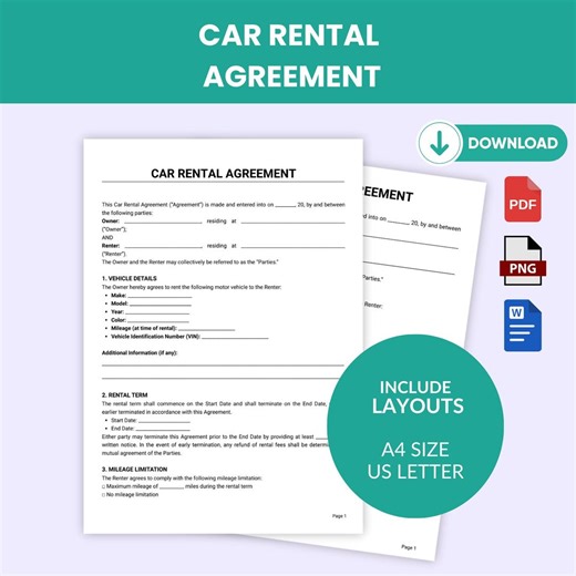 Car Rental Agreement Template | Editable PDF, Word | A4 & US Letter (instant Download) - Etsy