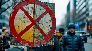 Rusty no entry sign stands out in a busy city street, warning of danger and restricted access. The worn texture adds a grungy vibe to the urban scene