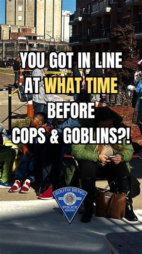 The gates don’t open till 5 p.m. for SBPD's Cops & Goblins Treat Night. There was already a long line at 3… so we asked the first people in line what time they arrived! | South Bend Police Department
