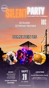 Welcome to the Silent Party at Sunset Destination Hostel 😎🙌🏻 Come join us for a night of music and fun at our Silent Party! With two DJs playing at once. This event is not to be missed! Event Details: Date: 28th of September Time: From 6 until 10 pm Location: Sunset Destination Hostel We will have a tattoo artist available to book Food will be available at a cost Drinking Games Don’t forget to invite your friends and make memories that will last a lifetime. See you there! 💃🏼💃🏼 | Destinati