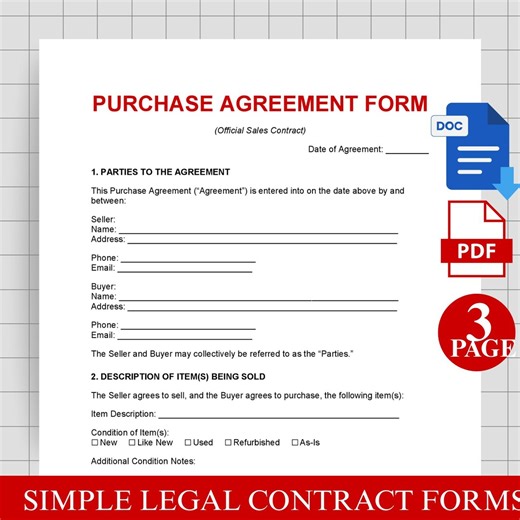 Purchase Agreement Form Ready to Print & Edit on Google Docs - Etsy