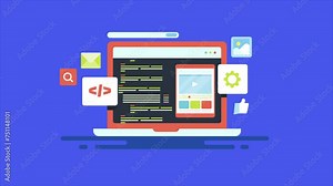 Mobile application development, software programming and coding on laptop interface, testing debugging SaaS platform wireframe. Conceptual technology video animation.