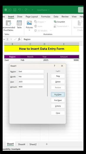 Insert Data Entry Form in Excel #excel #shorts