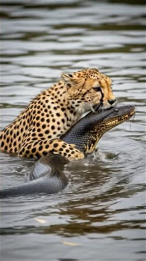 Cheetah swims in the dirty water but on top of anaconda biting its head for revenge