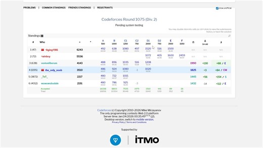 【codeforces实况】Codeforces Round 1075 (Div. 2). 1195/37307. C1是蒙出来的嘻嘻