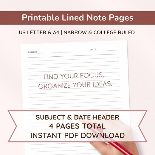 Printable Note Taking Lined Paper | US Letter/a4, Date & Subject Header, Narrow/college Rule (PDF Download) | Instant Download 4 Pages - Etsy