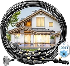 MIXC Misters for Outside Patio, 100FT (30M) Misting Line+27 Mist Nozzles+3/4" Brass Adapter, Outdoor Misting Cooling System for Patio Backyard Greenhouse Trampoline Horse Corral
