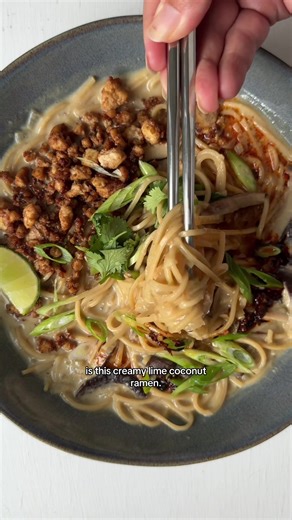 #5 top recipe of the year: creamy lime coconut ramen 🍜🍋‍🟩 share it with a silly goose or a boring gander. i’m confident it will hit either way bc it’s just that good! 🪿 creamy coconut lime ramen serves 2 For the crispy tofu: 1 block extra firm tofu, crumbled 2 tablespoons olive oil 2 tablespoons tamari 1/2 teaspoon Chinese five spice 1 teaspoon garlic powder For the ramen: 1 tablespoon avocado oil (or olive oil) 4 ounces shiitake mushrooms, cleaned with damp paper towel and sliced thinly 1 s