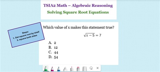 TSIA2 Math Practice Question - Algebraic Reasoning - Square Root Equations Hope this helps you pass your TSI Math test! #tsia2prep #tsia2 #tsia2math #tsi
