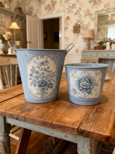 French Country Blue Floral Metal Planters Set of 2, Toile Farmhouse Decor - Etsy