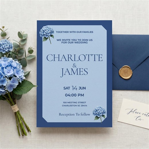 Blue Hydrangea Wedding Invitation Template Elegant Floral Editable Canva Printable Download - Etsy