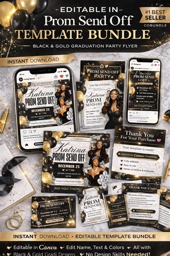 Editable Prom Send off Template Bundle, Black & Gold Graduation Party Flyer, Canva Template, Prom Invitation, Instagram Post - Etsy