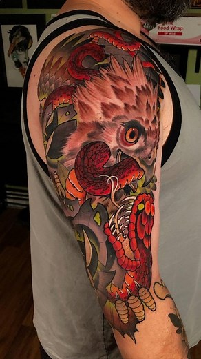Check out this dope eagle and snake tattoo 🐍🦅 done by skilled artist @t_burtz 💥 Freedom and Power: The eagle, known for its soaring flight and keen vision, is associated with freedom, courage, and majesty. On the other hand, the snake, with its ability to slither and coil, represents transformation, regeneration, and primal power. The clash between the two signifies the eternal tension between freedom and power #symbolism #snakeandeagle #eagletattoo #snaketattoo #NeotraditionalInk | Tattoo Lo