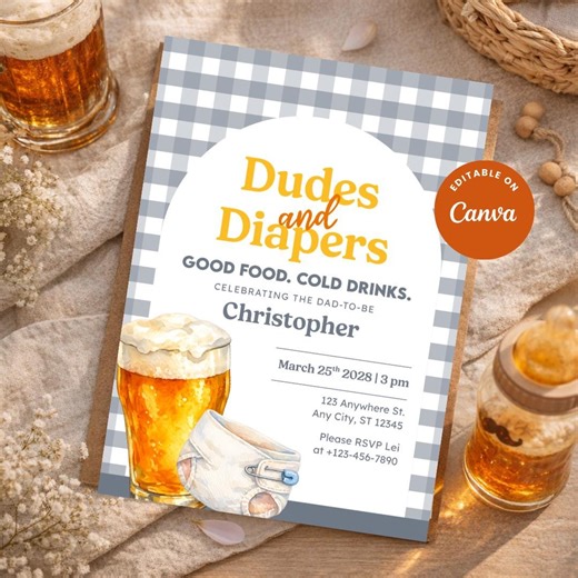 Dudes & Diapers Baby Shower Invitation Template, Editable Dad Shower Invite, Diaper Party Invite, Beer Baby Shower, Canva Template - Etsy
