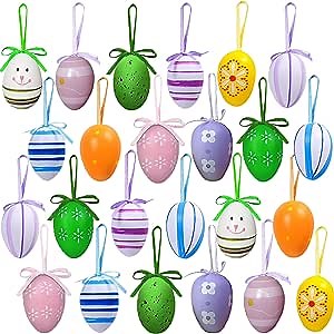 Easter Tree Decorations - 24 PCS Colorful Christmas Egg Ornaments with Bow, Plastic Eggs Decor for Tree, Kids School Home Office Party Supplies Gifts