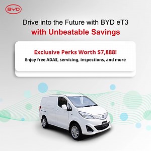 Electrify your fleet with BYD eT3 and enjoy $28,888 in total savings! ✅ $15,000 CVES Subsidy ✅ $6,000 Discount ✅ Premium perks worth $7,888 including free ADAS, servicing, inspections, and more! 🎯 Don’t wait, let's get the deal now! 📲 Book a test drive now 👉 https://bydet3.com/events-promotion/ #BYDSG #BYDeT3 #ElectricVan #ElectricFleet #CommercialVan #FleetManagement #FleetSavings #Sustainability | BYD Commercial Vehicles Singapore