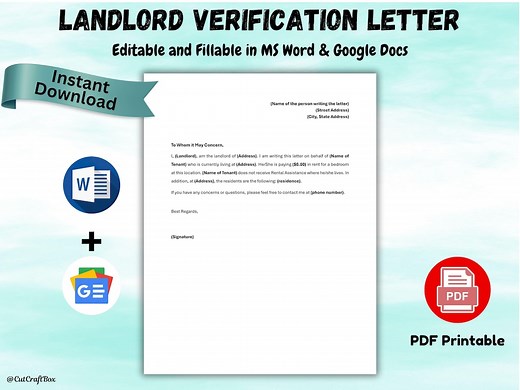 Landlord Rent Verification Letter Template: Editable Rental Proof (digital Download) - Etsy