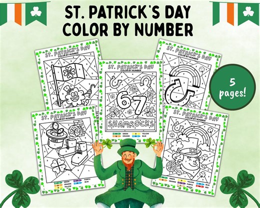 St. Patrick’s Day Color by Number Bundle, 5 Printable March Coloring Pages for Kids, Leprechaun & Rainbow Activity Pack, 6 Bonus Color Pages - Etsy UK