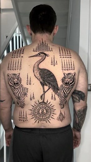 Sacred Sak Yant Full Back Tattoo (Crane + Tigers + Yantra Script)