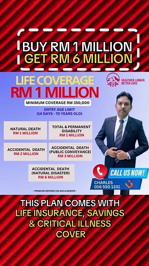 𝐁𝐮𝐲 𝟏 𝐌𝐢𝐥𝐥𝐢𝐨𝐧 𝐁𝐮𝐭 𝐆𝐞𝐭 𝐮𝐩 𝐭𝐨 𝟔 𝐌𝐢𝐥𝐥𝐢𝐨𝐧! 3 in 1 Plan which Covers Life Insurance, Critical Illness Cover & Saving (Investment) Some of the main benefits of this plan as below:- ⏩️ Up to 6 times Life Insurance Coverage ⏩️ Critical Illness Cover (Lump Sum Cash Payout) ⏩️ Waiver Benefit for Self, Parents & Spouse (Plan Become Free) ⏩️ Emergency Cash Withdrawal Allowed ⏩️ Maturity Benefit (Investment Return) ⏩️ Many more benefits Call me at 016-550 1331 to know more about 
