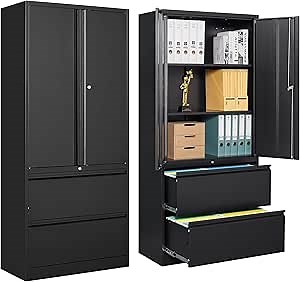 Anxxsu 2 Drawer Black File Cabinet with Lock, Metal Storage Cabinet with Drawers, 71" Filing Cabinets for Home Office, Lockable Steel Storage Cabinets for Letter/Legal/A4 Size, Assembly Required