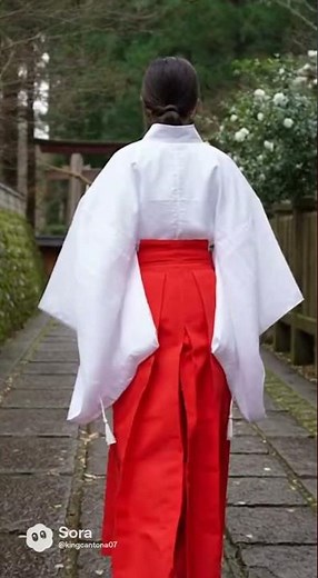 A Shrine Maiden Walking Through a Sacred Japanese Shrine