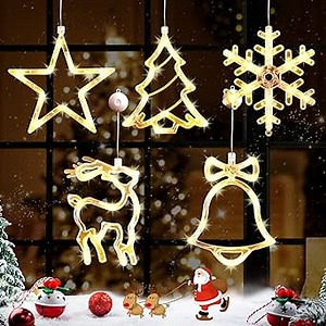 Brightown 5pcs LED Christmas Window Lights Silhouette Decoration Lighted Bell-Tree-Reindeer-Snowflake-Star Battery Operated with Suction Cup for Christmas Window Glass Wall Indoor Decor Warm White