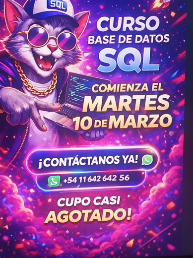 🚀 Curso de Bases de Datos y SQL desde cero 🧠 Ideal para quienes quieren empezar en programación o análisis de datos 📅 Comienza el martes 10 de marzo 💻 Clases en vivo donde practicamos SQL paso a paso 📲 Escribime SQL por WhatsApp para recibir la información #sql #programacion #database #datasql #aprendersql