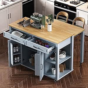 Kitchen Island with Extendable Dining Table, Wooden Mobile Storage Island Cart on Wheels with Internal Storage Rack, Power Outlet (Grey Blue)