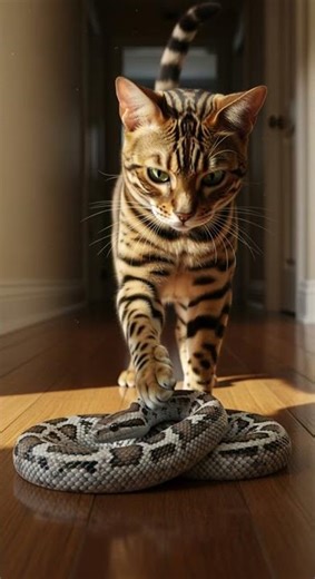 Funny! Cat hits snake blinks slowly—mind blown by epic pet showdown #cats #snakes #funny