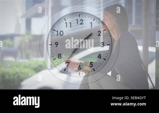 Woman waiting for bus tapping phone and checking watch while clock overlay advancing over her. Commuter, timepiece, wearable, urban, shelter, bench, streetscape Stock Video Footage - Alamy