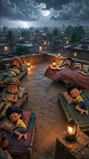 🌧️ Peaceful Monsoon Rooftop Night 🌕 | Cinematic 3D Village Animation ✨#montagem #mhacommunity