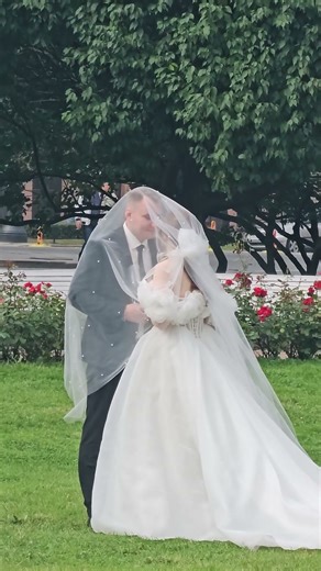Cute bride and groom in beautiful St. Petersburg