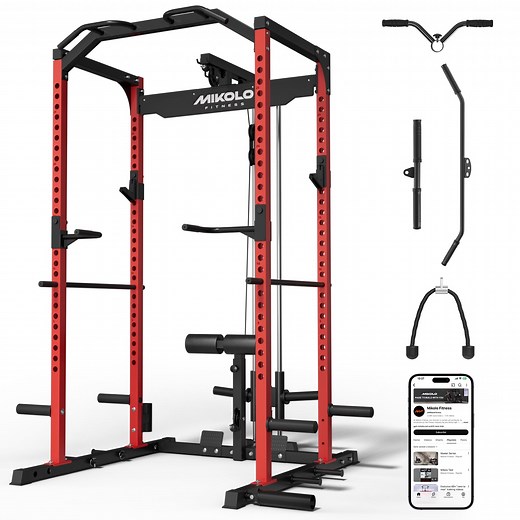 Mikolo Multi-Functional Squat Rack with LAT Pulldown System Exercise Power Cages, Metal Red