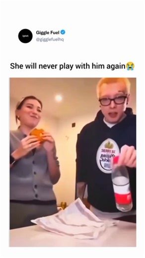 Giggle Fuel on Instagram: "📩DM For Credit /Removal In this video, a man and a woman are playing a competitive game with a water bottle and a burger. They take turns trying to flip a partially filled water bottle so that it lands upright on the table. The rules of the game appear to be that the person who successfully flips the bottle gets to take a bite of the burger, while the other person must wait. The woman is very successful, landing multiple flips in a row and enjoying several bites of th