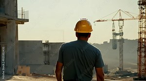 Construction worker wearing a hard hat, standing on a building site at sunset