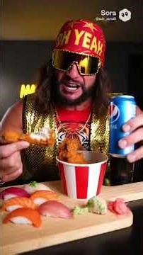 randy savage in wwe and wcw then Randy savage eating food while drinking cold drink