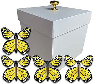 White Exploding Butterfly Box with Monarch Flying Butterflies (Yellow Monarch Flying Butterfly x 4)