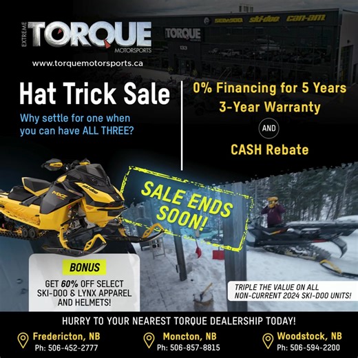 Act now before it’s too late! Torque Motorsports is pulling out all the stops on non-current 2024 Ski-Doo units. Why settle for one incentive when you can have ALL THREE? 🚨 ✅ 0% financing for 5 years – That’s ZERO interest for FIVE full years! ✅ 3 years of warranty – Ride worry-free with extended coverage. ✅ Cash rebate – Extra savings straight to your pocket! Stock is limited, so act now before this deal is gone for good! | Torque Motorsports