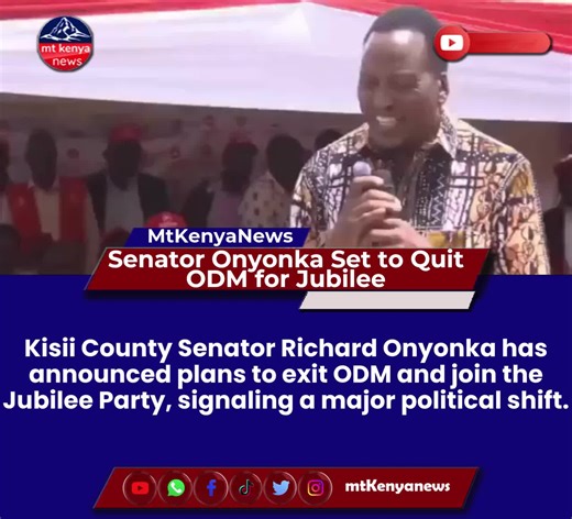 Kisii County Senator Richard Onyonka has announced plans to exit ODM and join the Jubilee Party, signaling a major political shift. #fyp #mtkenyanews #newsupdate