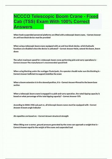 NCCCO Telescopic Boom Crane Fixed Cab TSS Exam With 100 Correct Answers 2232 new video