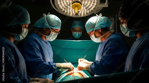 Video of a group of medical professionals, including surgeons, performing a complex surgical operation