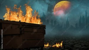 Dumpster Fire Orange Moon Lightning Clouds Background 4K features a dumpster with fire billowing out clouds and an orange moon behind and falling ash.