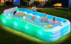 Inflatable Pool with Seat Backrest for Adults - 145'' X 74'' X 22'', Oversize Thickened Blow Up Pool with LED Lights, 7 Color Changes Extra Large Swimming Pool for Family Backyard Party Summer