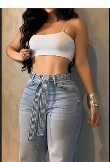 Live Only ChicMe Women's Allover Rhinestone Decor High Waist Zipper Fly Jeans Casual Wide Leg Loose Fit Denim Pants with Rhinestone Decor Belt#tiktokshop #fyp #top